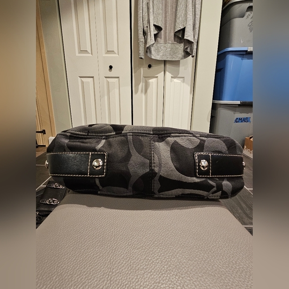 COACH Zoe Signature Black Canvas Hobo Shoulder Bag with Black Leather Trim - Picture 2 of 16